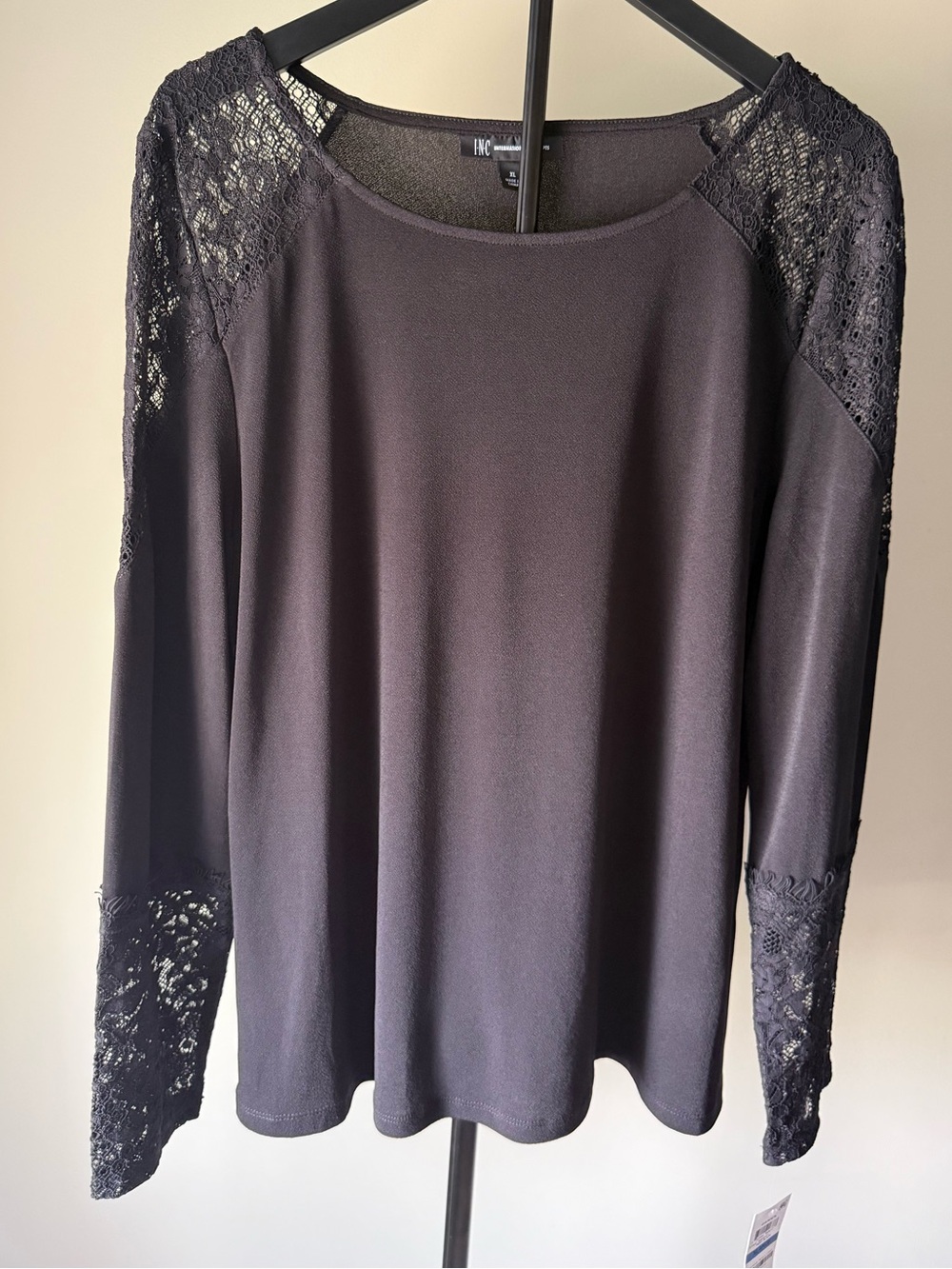 NWT INC International Concepts by Macy's Black Lace-Detail LS Top SZ XL 22" P2P